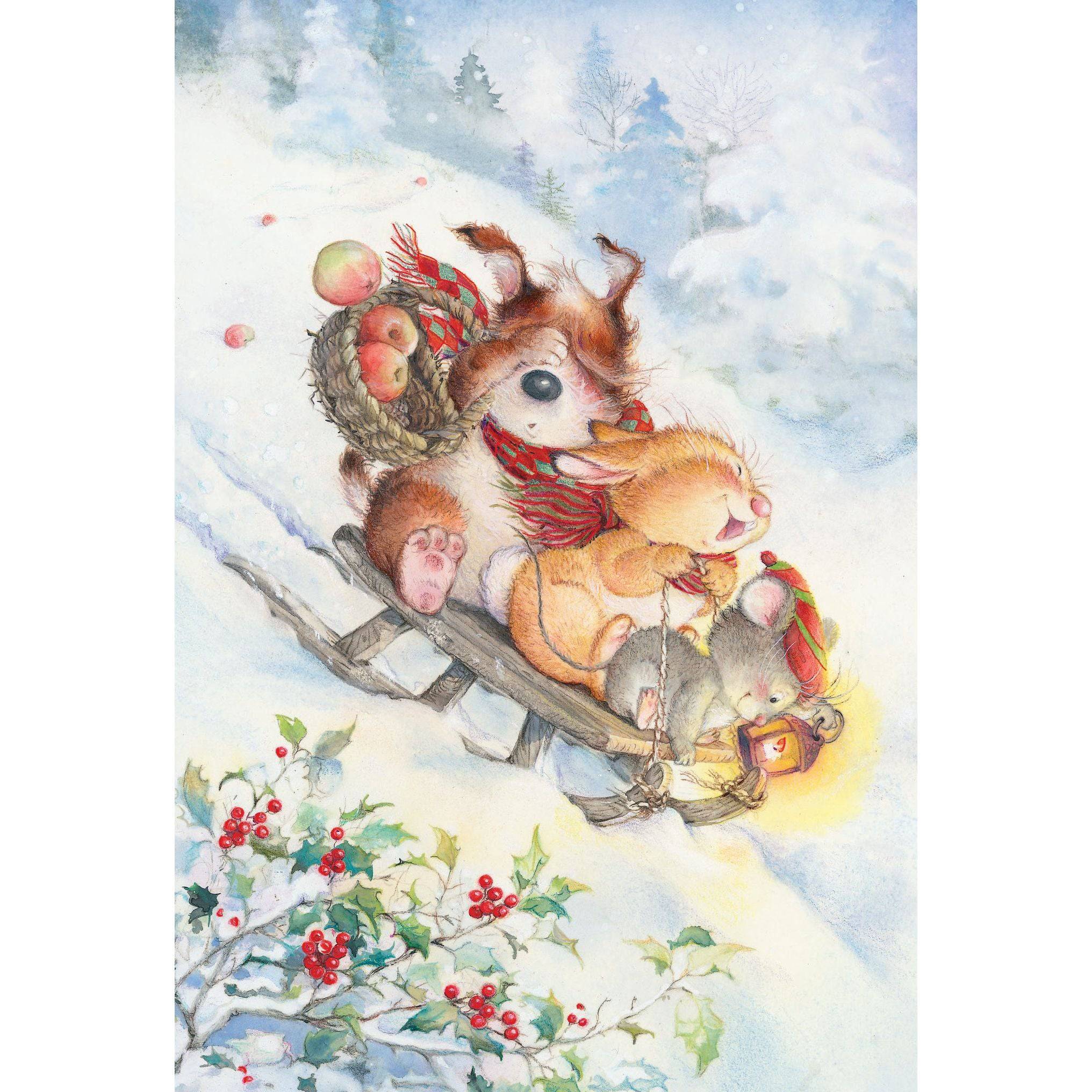 Friends Sledding Christmas Card by Pictura featuring festive winter scene with children sledding on snow-covered hill.